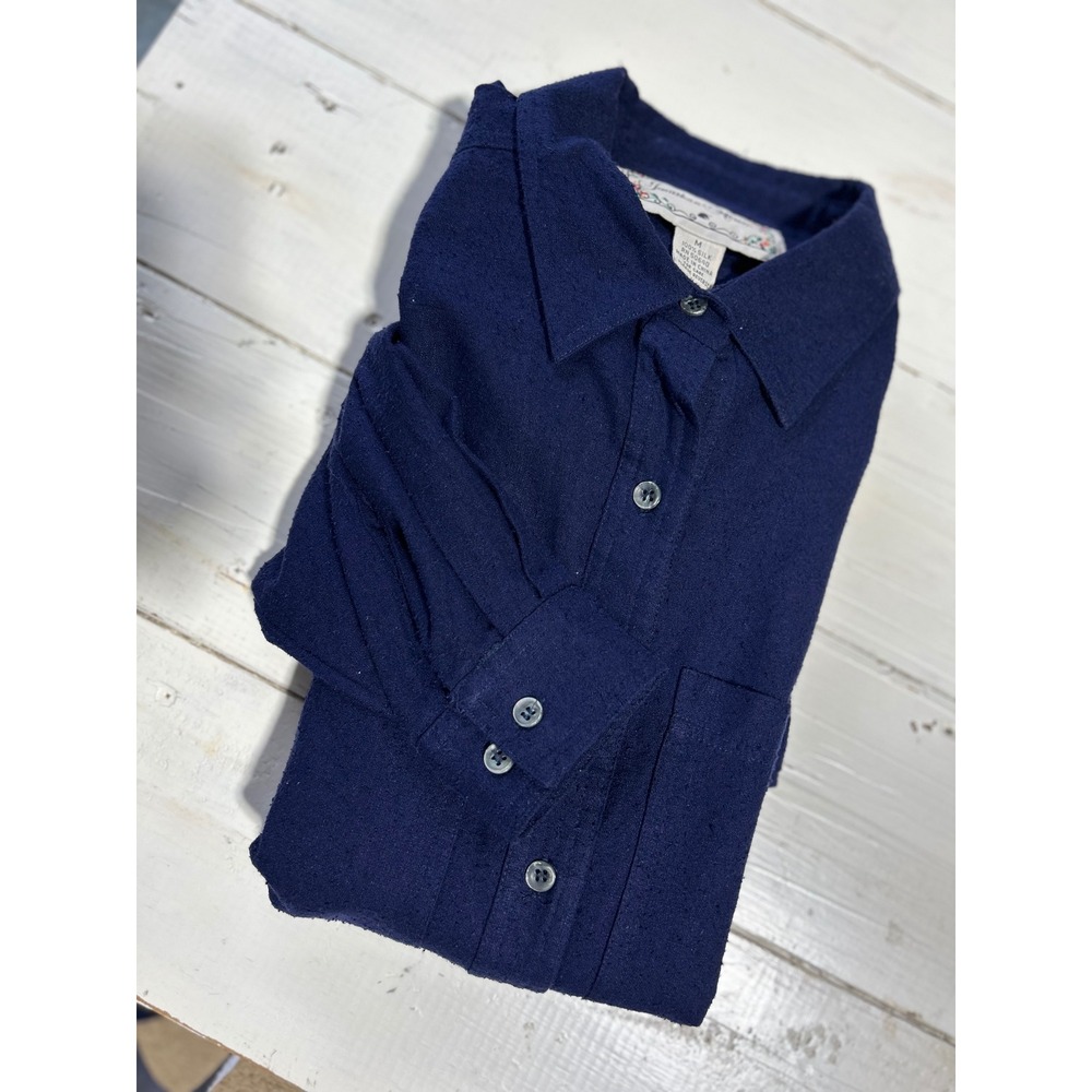 Jonathan Martin Navy Blue 100% Silk Textured Button Down Shirt Blouse Womens M